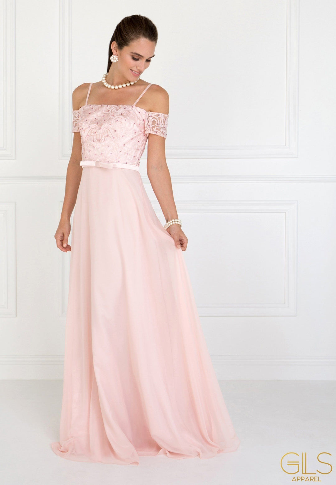 Long Blush Cold Shoulder Dress with Embroidery by Elizabeth K-Long Formal Dresses-ABC Fashion