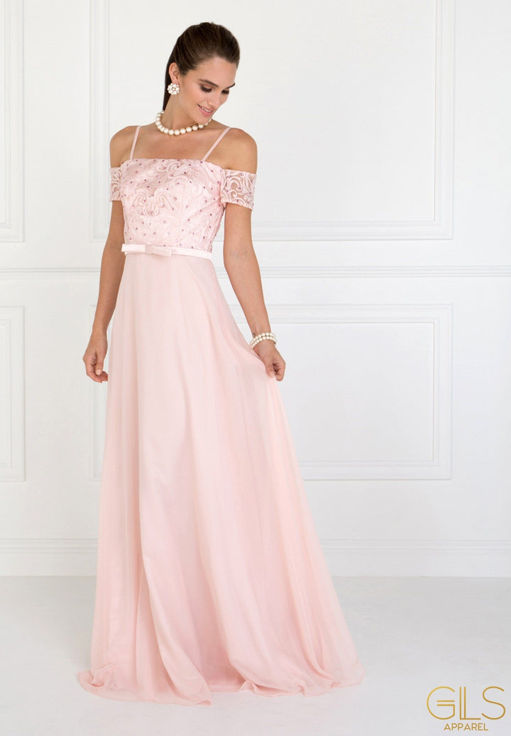 Long Blush Cold Shoulder Dress with Embroidery by Elizabeth K-Long Formal Dresses-ABC Fashion