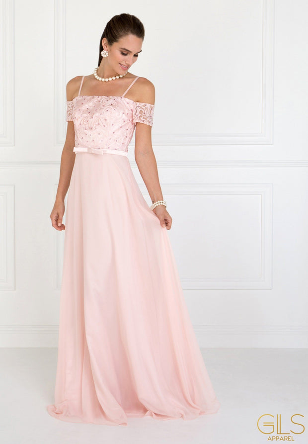 Long Blush Cold Shoulder Dress with Embroidery by Elizabeth K-Long Formal Dresses-ABC Fashion