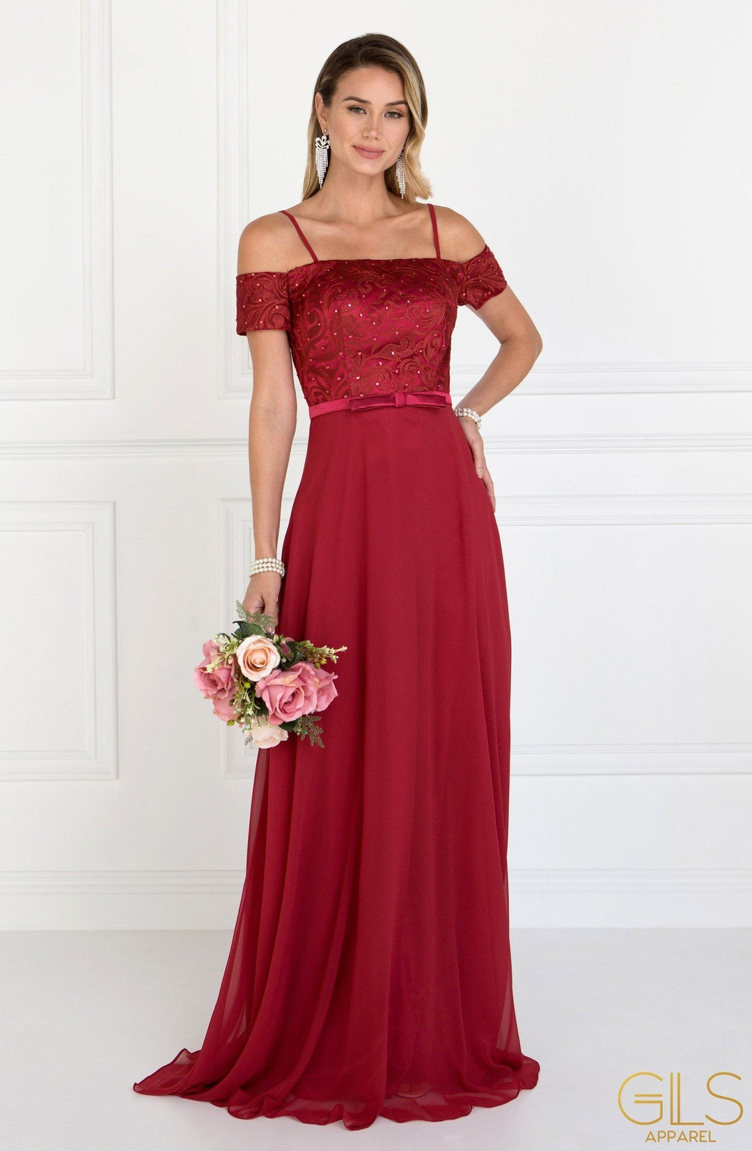 Long Blush Cold Shoulder Dress with Embroidery by Elizabeth K-Long Formal Dresses-ABC Fashion