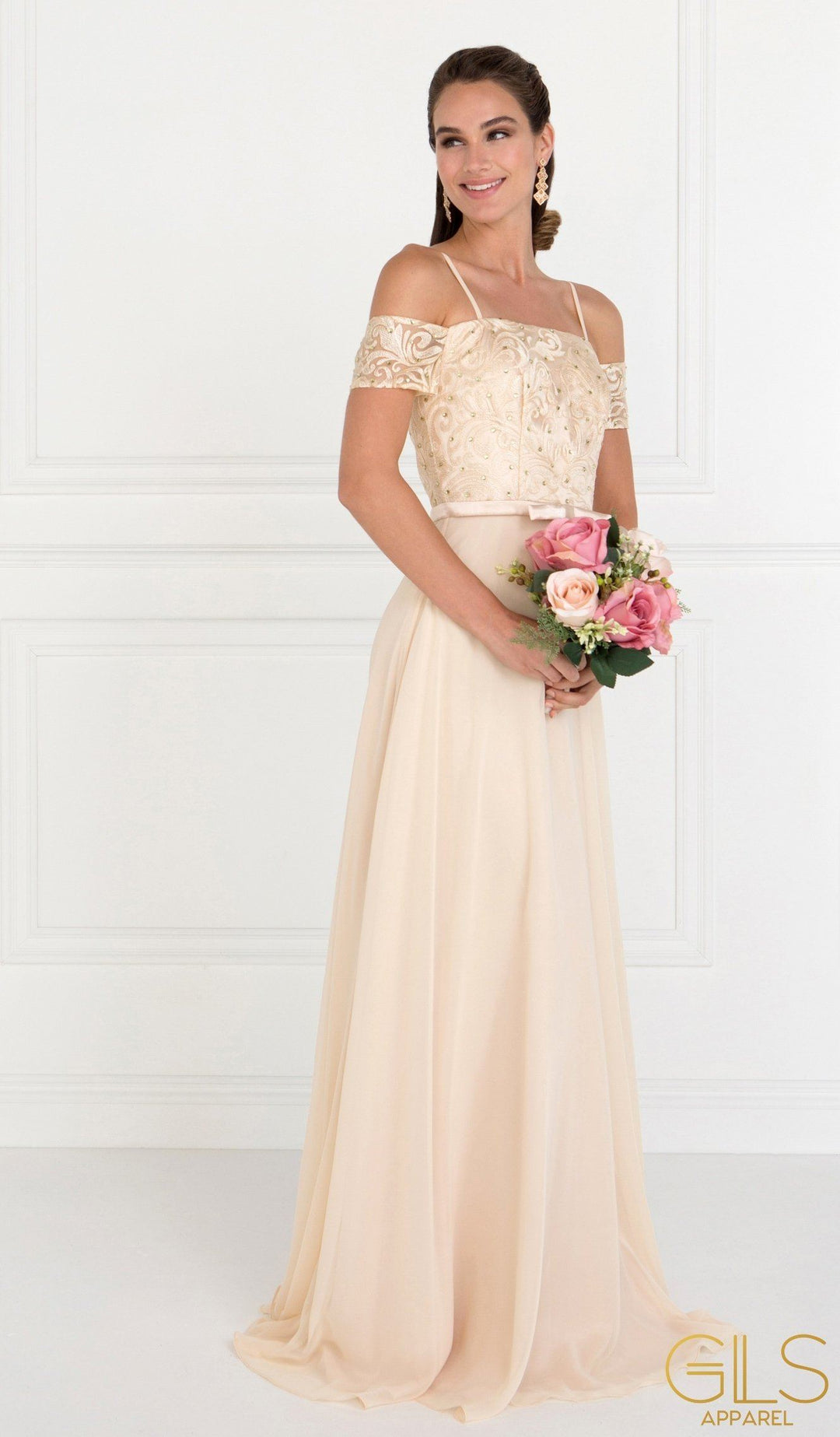 Long Blush Cold Shoulder Dress with Embroidery by Elizabeth K-Long Formal Dresses-ABC Fashion