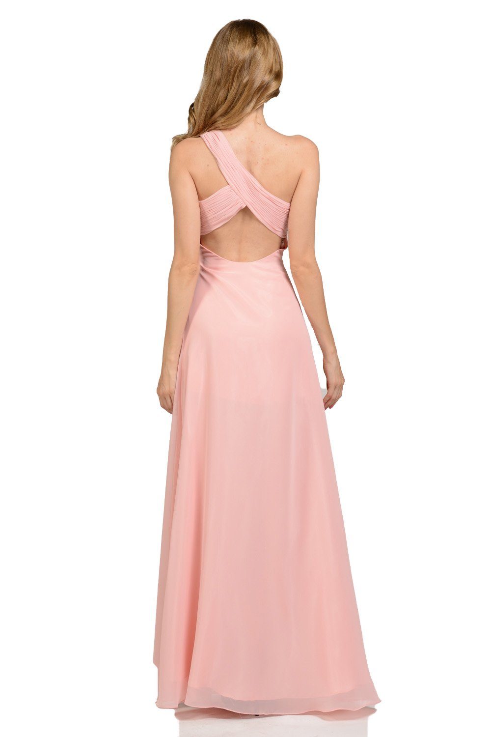 Long Blush Pink One Shoulder Chiffon Dress by Poly USA-Long Formal Dresses-ABC Fashion