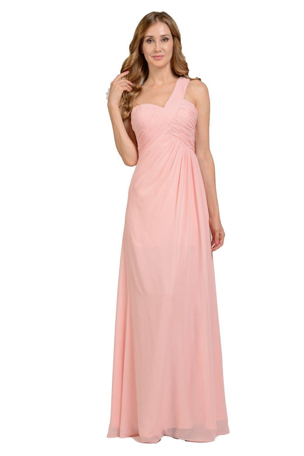 Long Blush Pink One Shoulder Chiffon Dress by Poly USA-Long Formal Dresses-ABC Fashion