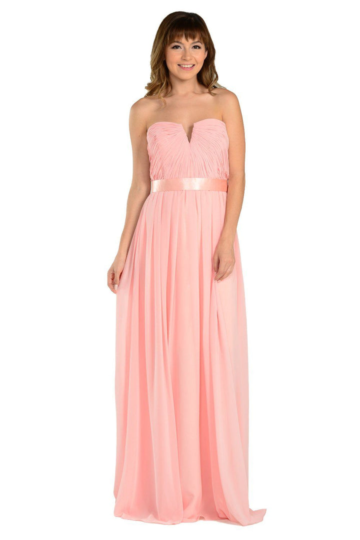 Long Blush Strapless Chiffon Dress with V Notch by Poly USA-Long Formal Dresses-ABC Fashion