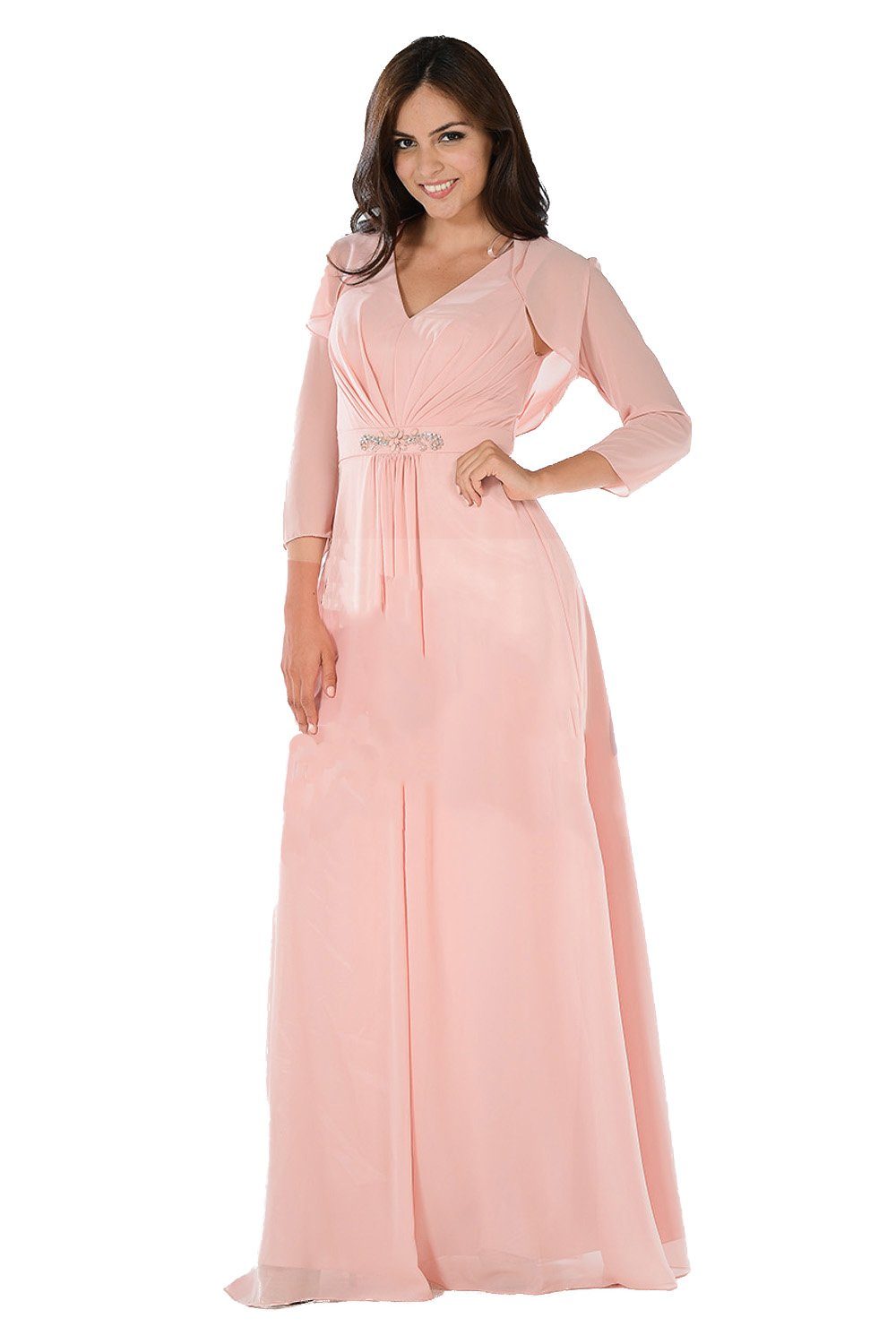 Long Blush V-Neck Dress with Bolero Jacket by Poly USA-Long Formal Dresses-ABC Fashion