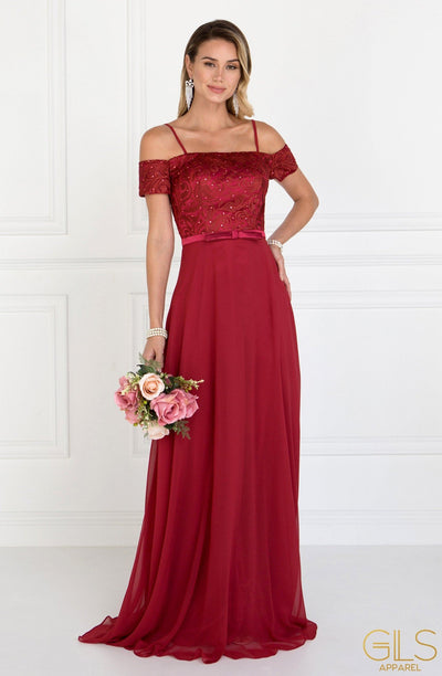Long Burgundy Cold Shoulder Dress with Embroidery by Elizabeth K-Long Formal Dresses-ABC Fashion