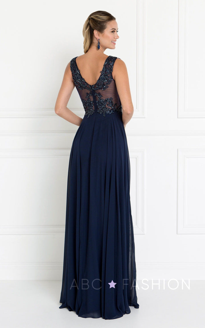 Long Burgundy Dress with Beaded Illusion Bodice by Elizabeth K GL1566-Long Formal Dresses-ABC Fashion