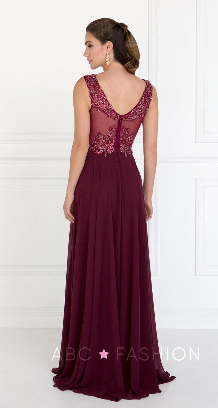 Long Burgundy Dress with Beaded Illusion Bodice by Elizabeth K GL1566-Long Formal Dresses-ABC Fashion