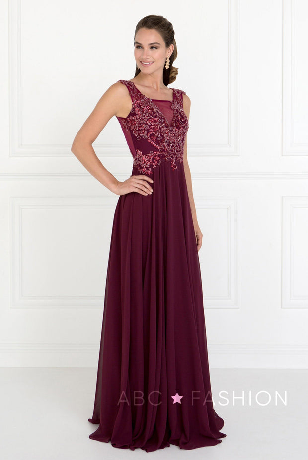 Long Burgundy Dress with Beaded Illusion Bodice by Elizabeth K GL1566-Long Formal Dresses-ABC Fashion