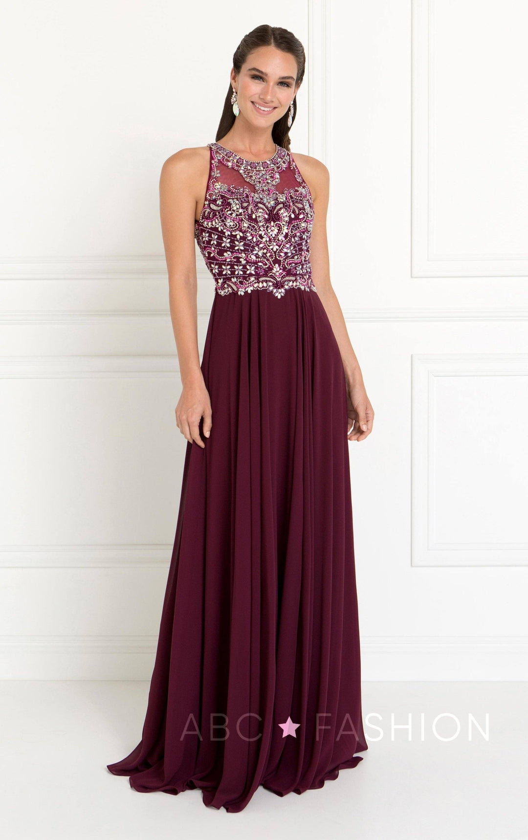 Long Burgundy Dress with Jeweled Bodice by Elizabeth K GL1564-Long Formal Dresses-ABC Fashion