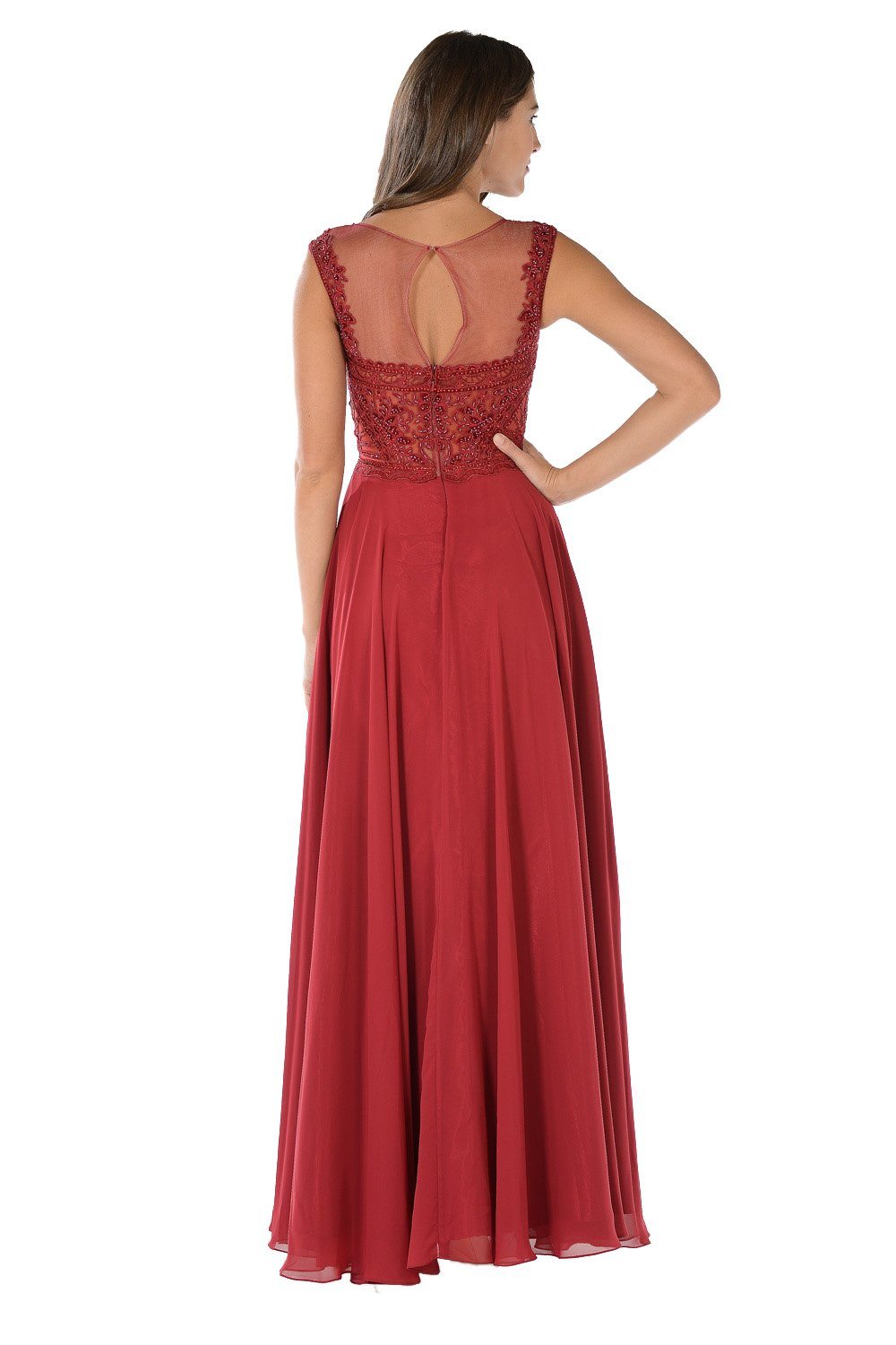 Long Burgundy Dress with Lace Applique Bodice by Poly USA-Long Formal Dresses-ABC Fashion