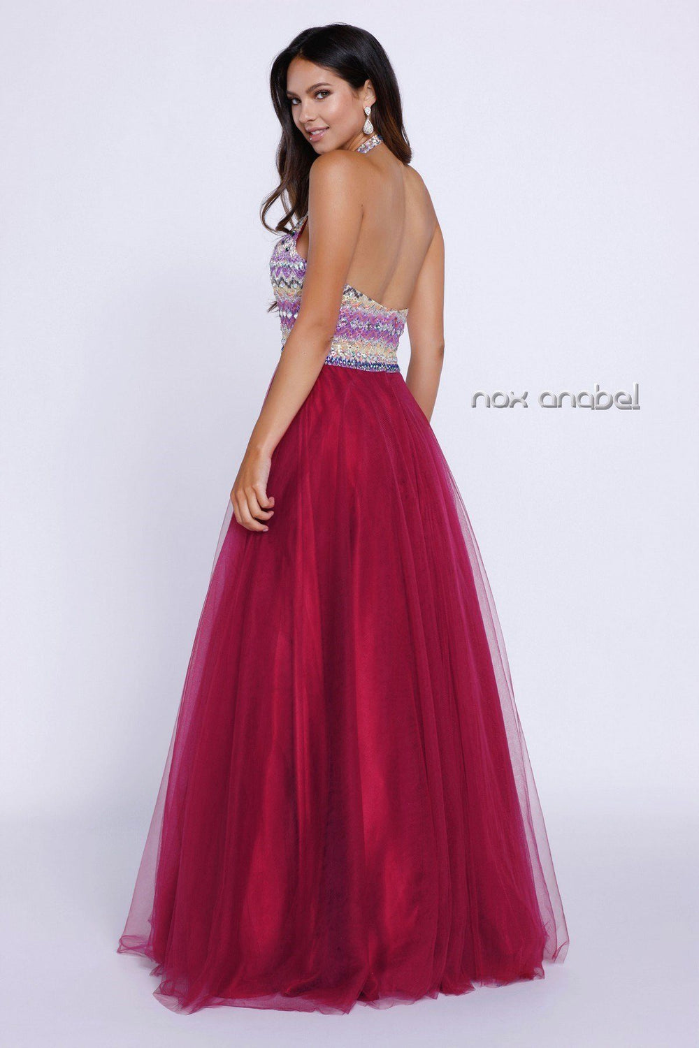 Long Burgundy Halter Dress with Striped Top by Nox Anabel 8265-Long Formal Dresses-ABC Fashion