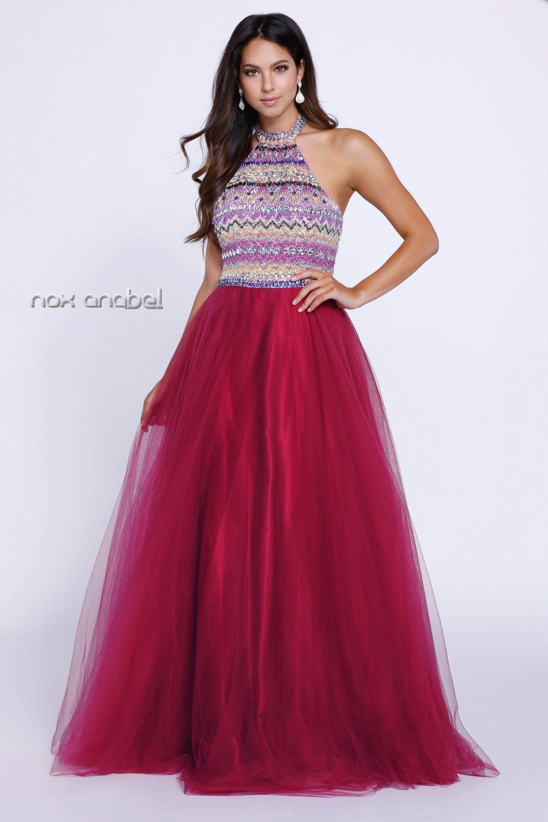 Long Burgundy Halter Dress with Striped Top by Nox Anabel 8265-Long Formal Dresses-ABC Fashion