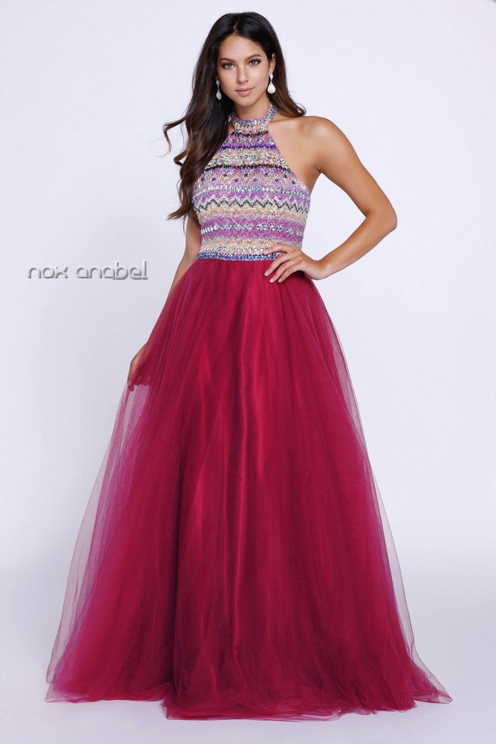 Long Burgundy Halter Dress with Striped Top by Nox Anabel 8265-Long Formal Dresses-ABC Fashion