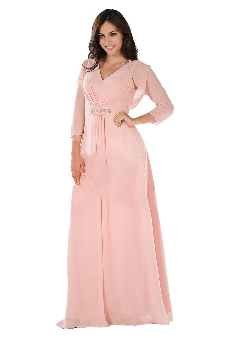 Long Burgundy V-Neck Dress with Bolero Jacket by Poly USA-Long Formal Dresses-ABC Fashion