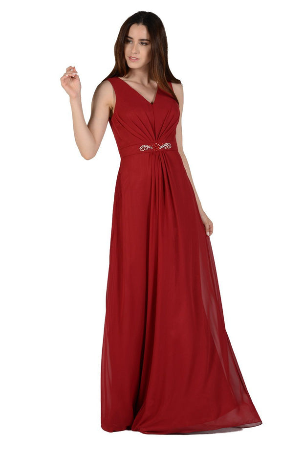 Long Burgundy V-Neck Dress with Bolero Jacket by Poly USA-Long Formal Dresses-ABC Fashion