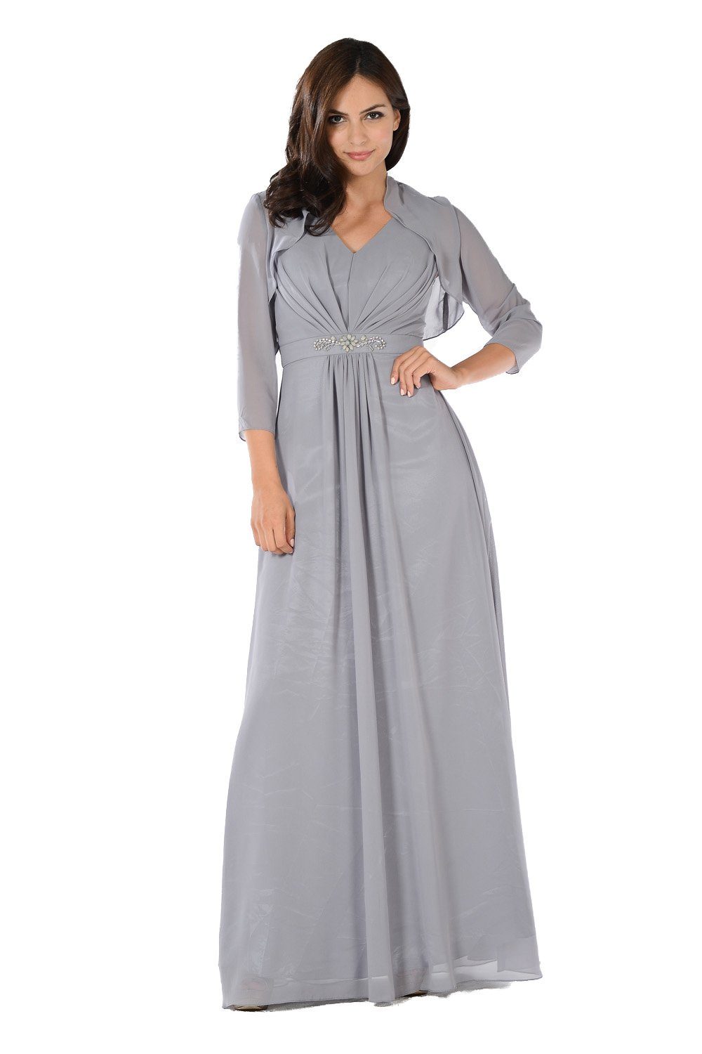 Long Burgundy V-Neck Dress with Bolero Jacket by Poly USA-Long Formal Dresses-ABC Fashion