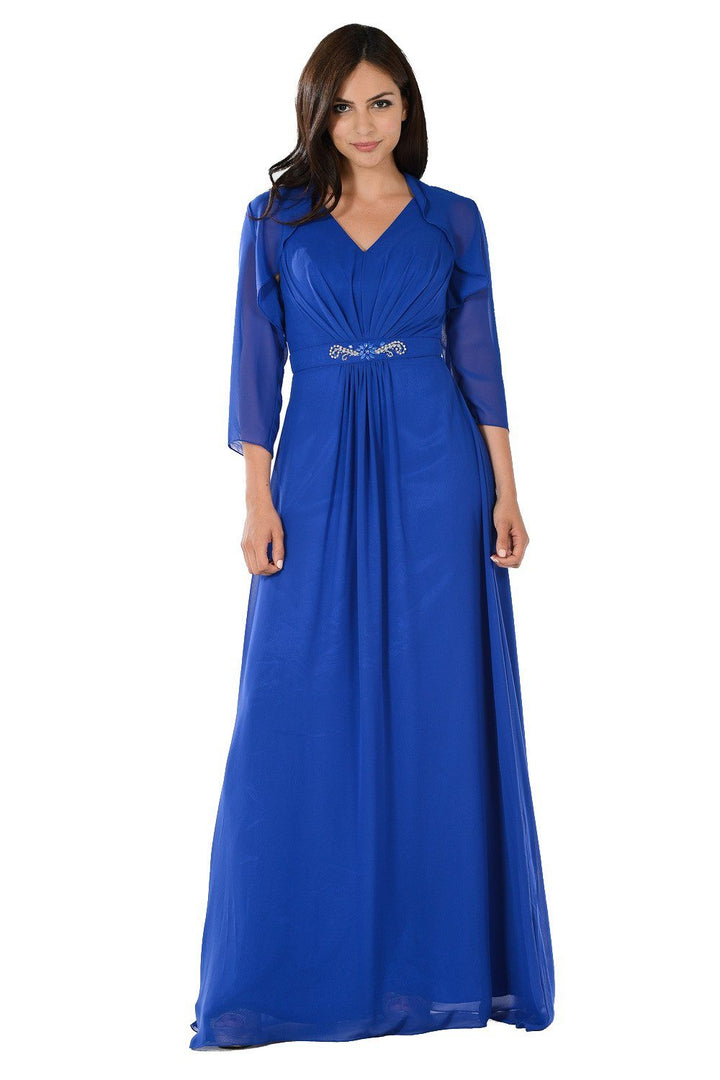 Long Burgundy V-Neck Dress with Bolero Jacket by Poly USA-Long Formal Dresses-ABC Fashion