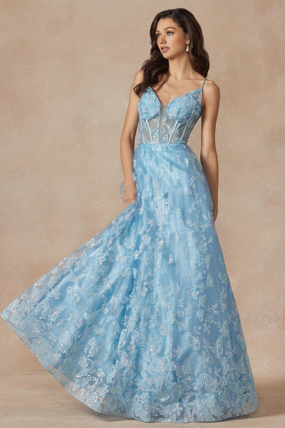 Juliet 2413 Long Butterfly Glitter Embroidered A-Line Gown with Corset Top