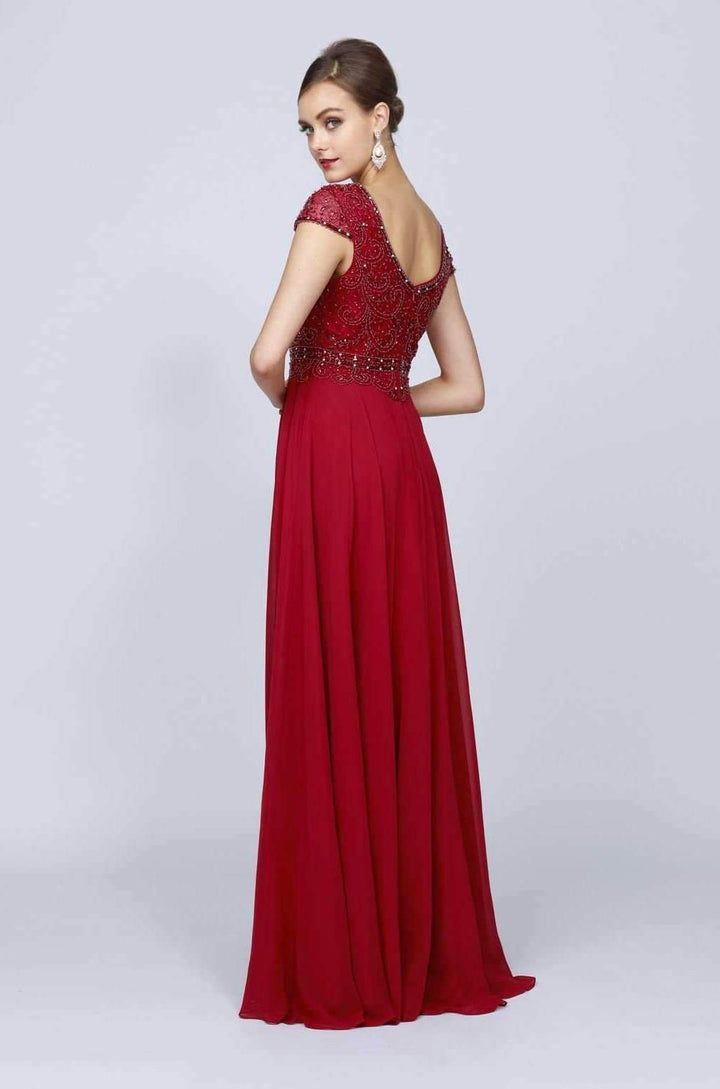Long Cap Sleeve Chiffon Dress with Beaded Bodice by Juliet 657-Long Formal Dresses-ABC Fashion
