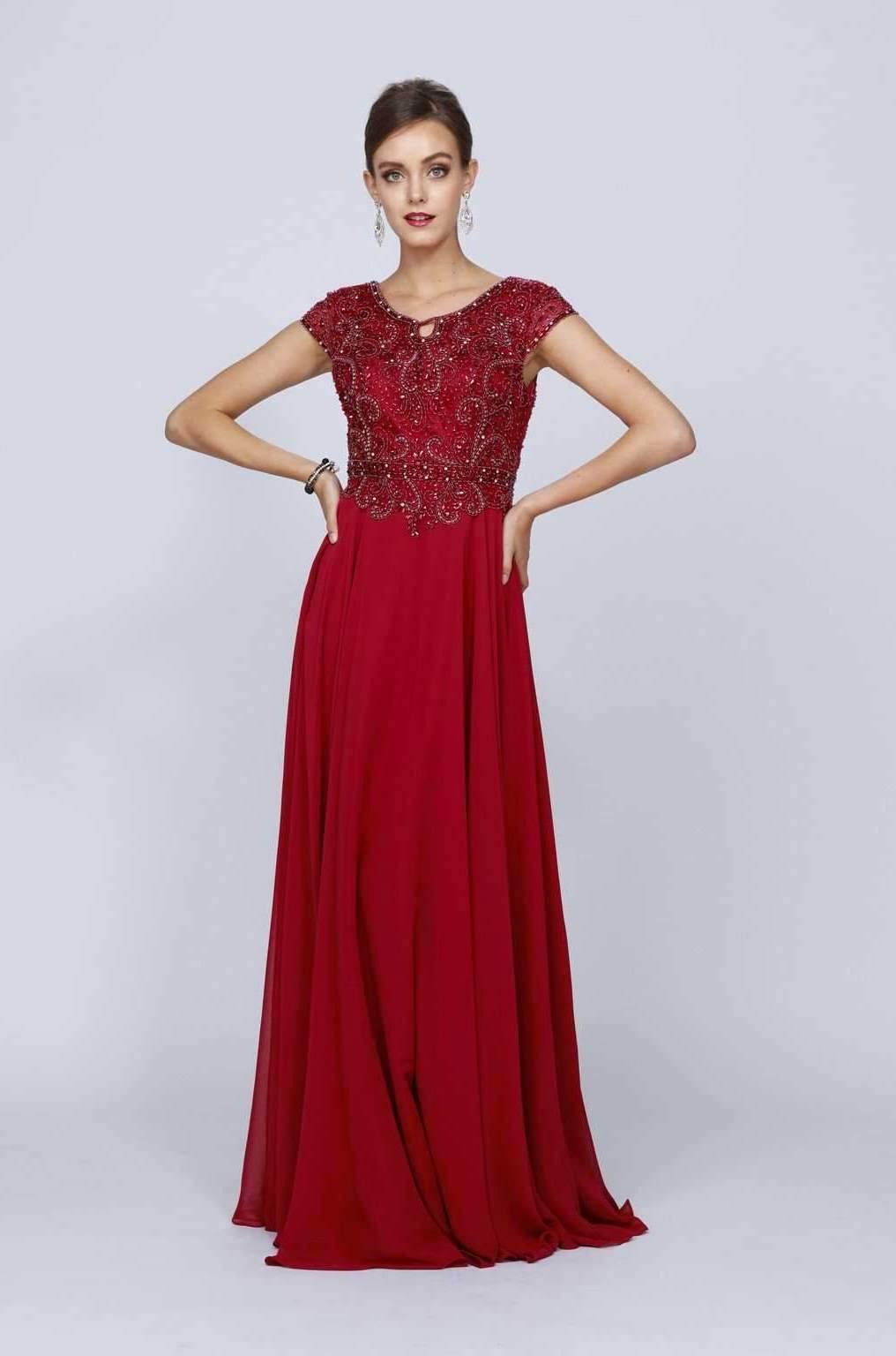 Long Cap Sleeve Chiffon Dress with Beaded Bodice by Juliet 657-Long Formal Dresses-ABC Fashion