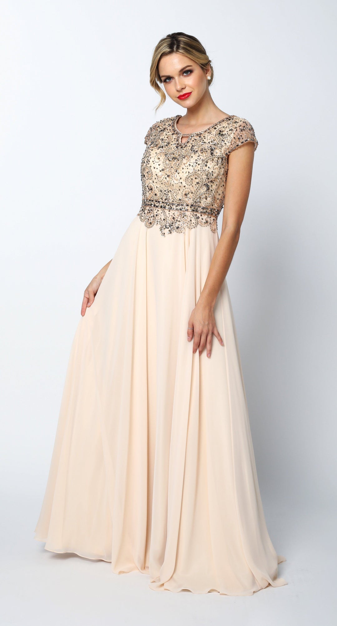 Long Cap Sleeve Chiffon Dress with Beaded Bodice by Juliet 657-Long Formal Dresses-ABC Fashion