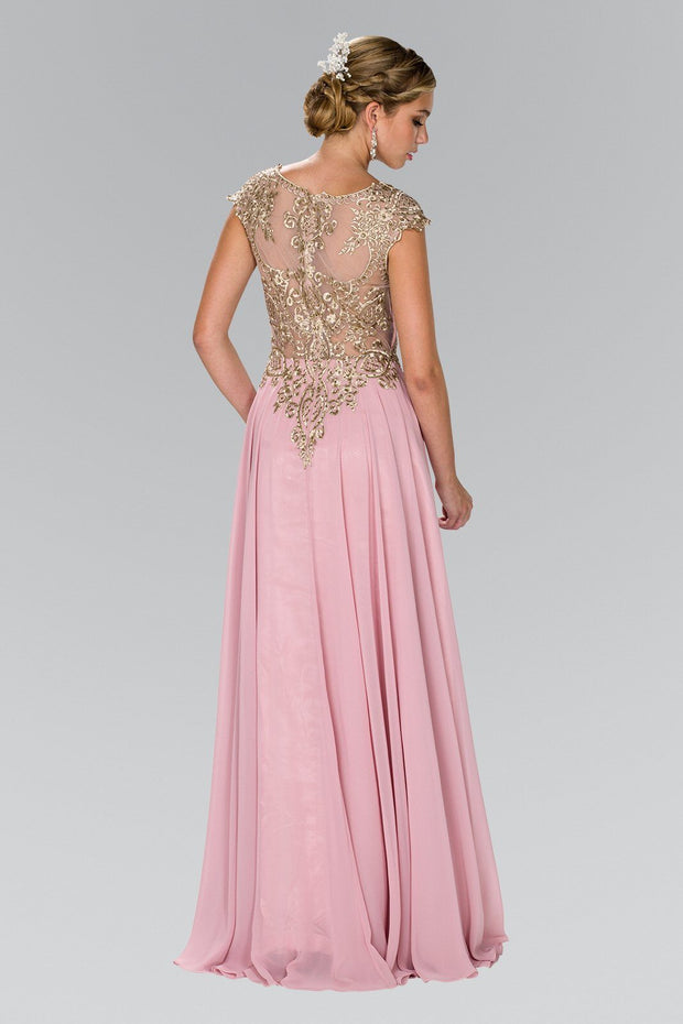 Long Cap Sleeve Dress with Lace Applique by Elizabeth K GL2407-Long Formal Dresses-ABC Fashion