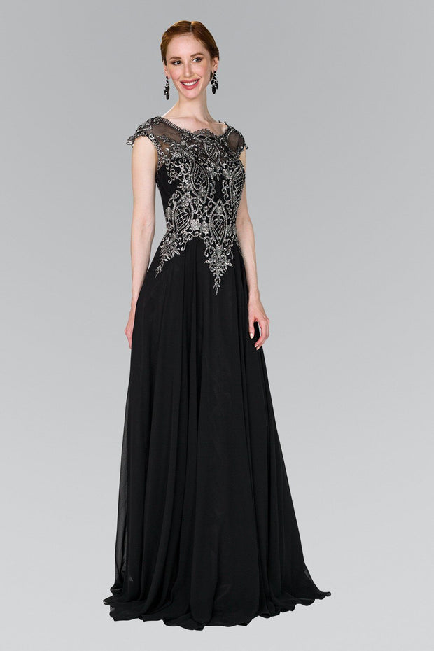 Long Cap Sleeve Dress with Lace Applique by Elizabeth K GL2407-Long Formal Dresses-ABC Fashion