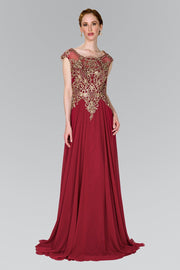 Long Cap Sleeve Dress with Lace Applique by Elizabeth K GL2407-Long Formal Dresses-ABC Fashion