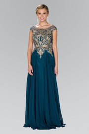 Long Cap Sleeve Dress with Lace Applique by Elizabeth K GL2407-Long Formal Dresses-ABC Fashion