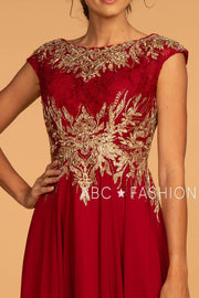 Long Cap Sleeve Dress with Lace Bodice by Elizabeth K GL2519-Long Formal Dresses-ABC Fashion