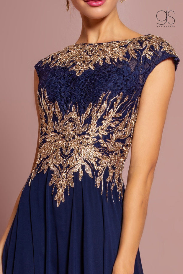Long Cap Sleeve Dress with Lace Bodice by Elizabeth K GL2519-Long Formal Dresses-ABC Fashion