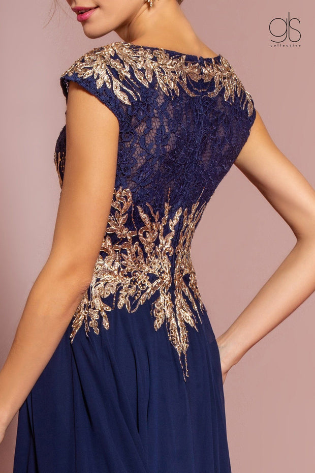 Long Cap Sleeve Dress with Lace Bodice by Elizabeth K GL2519-Long Formal Dresses-ABC Fashion