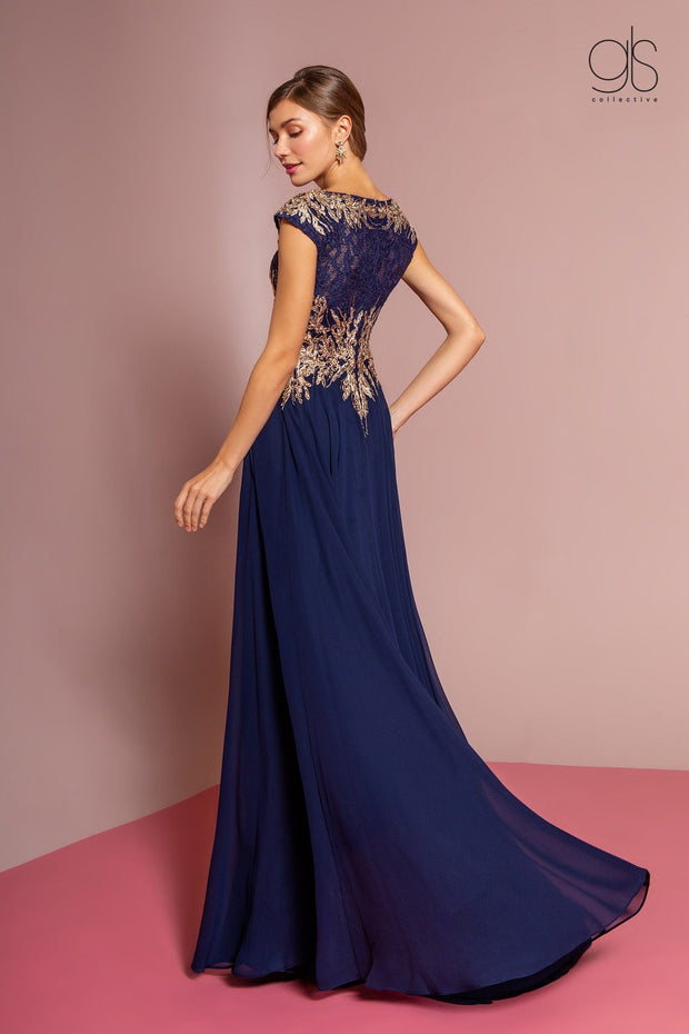Long Cap Sleeve Dress with Lace Bodice by Elizabeth K GL2519-Long Formal Dresses-ABC Fashion
