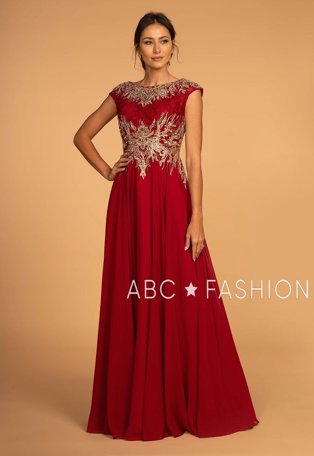 Long Cap Sleeve Dress with Lace Bodice by Elizabeth K GL2519-Long Formal Dresses-ABC Fashion