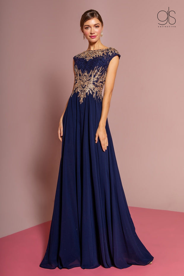 Long Cap Sleeve Dress with Lace Bodice by Elizabeth K GL2519-Long Formal Dresses-ABC Fashion