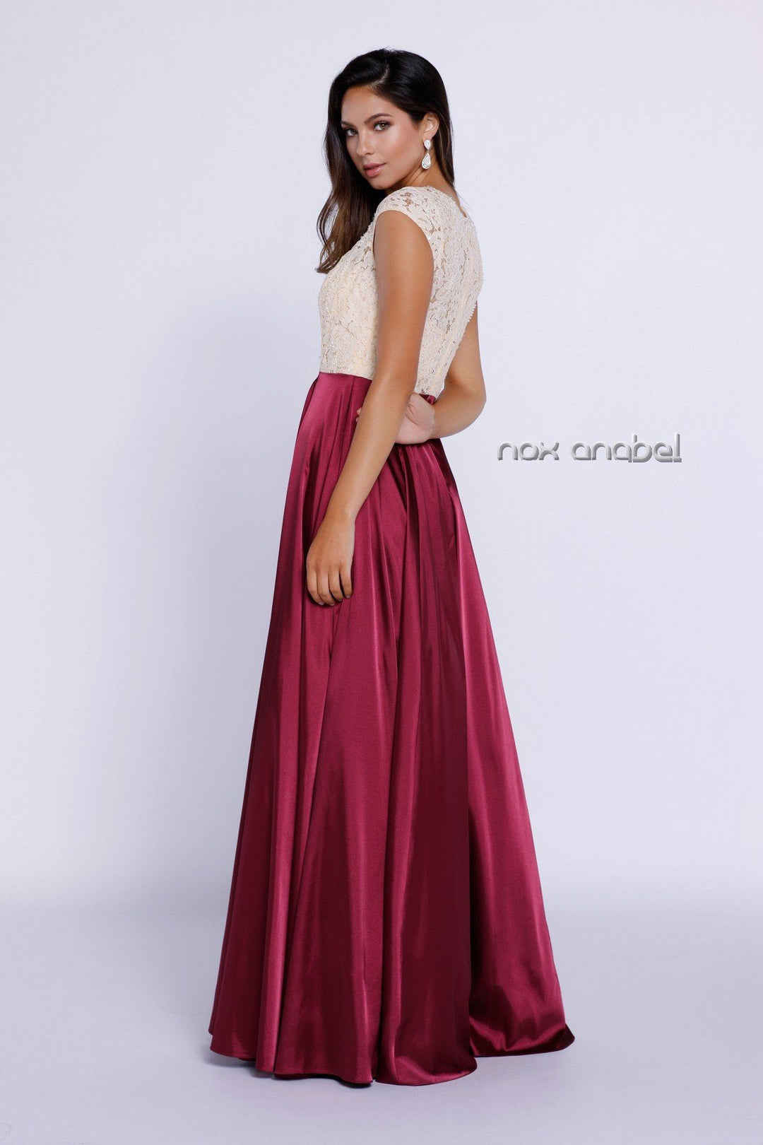 Long Cap Sleeve Dress with Lace Bodice by Nox Anabel 8189-Long Formal Dresses-ABC Fashion