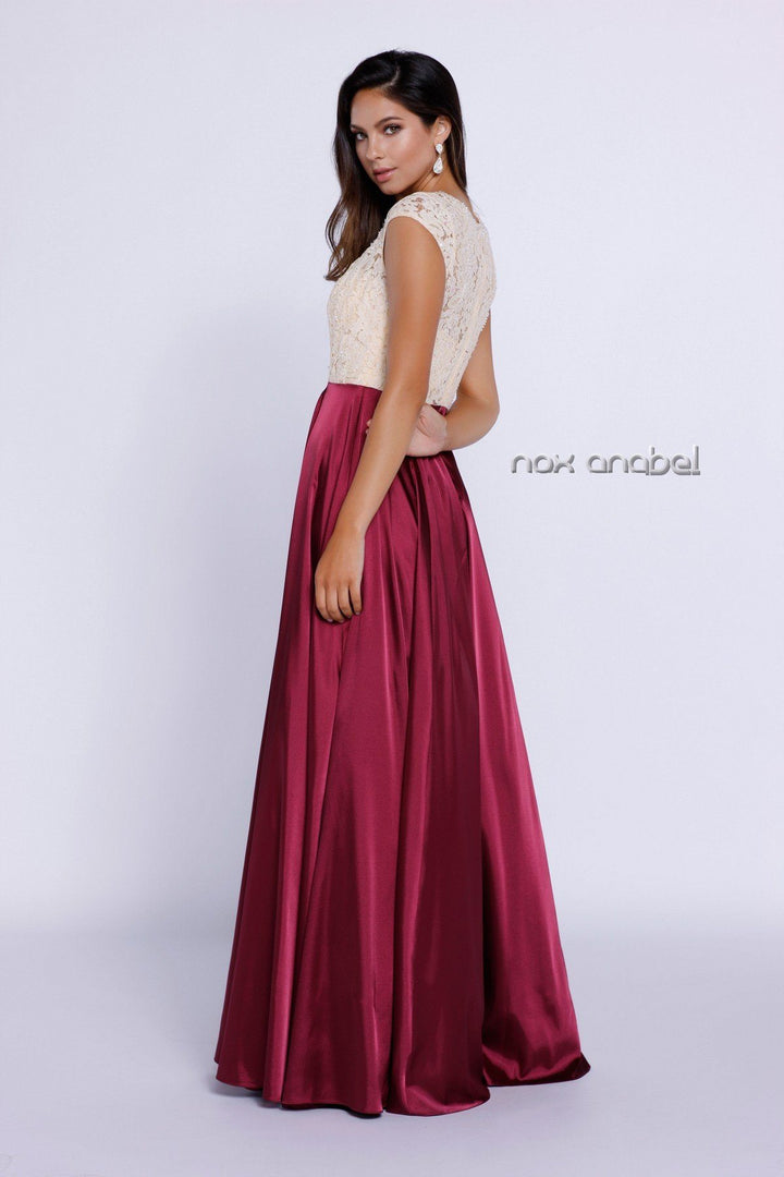 Long Cap Sleeve Dress with Lace Bodice by Nox Anabel 8189-Long Formal Dresses-ABC Fashion