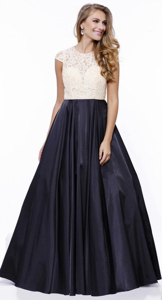 Long Cap Sleeve Dress with Lace Bodice by Nox Anabel 8189-Long Formal Dresses-ABC Fashion