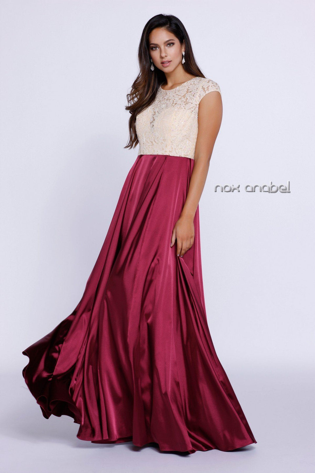 Long Cap Sleeve Dress with Lace Bodice by Nox Anabel 8189-Long Formal Dresses-ABC Fashion