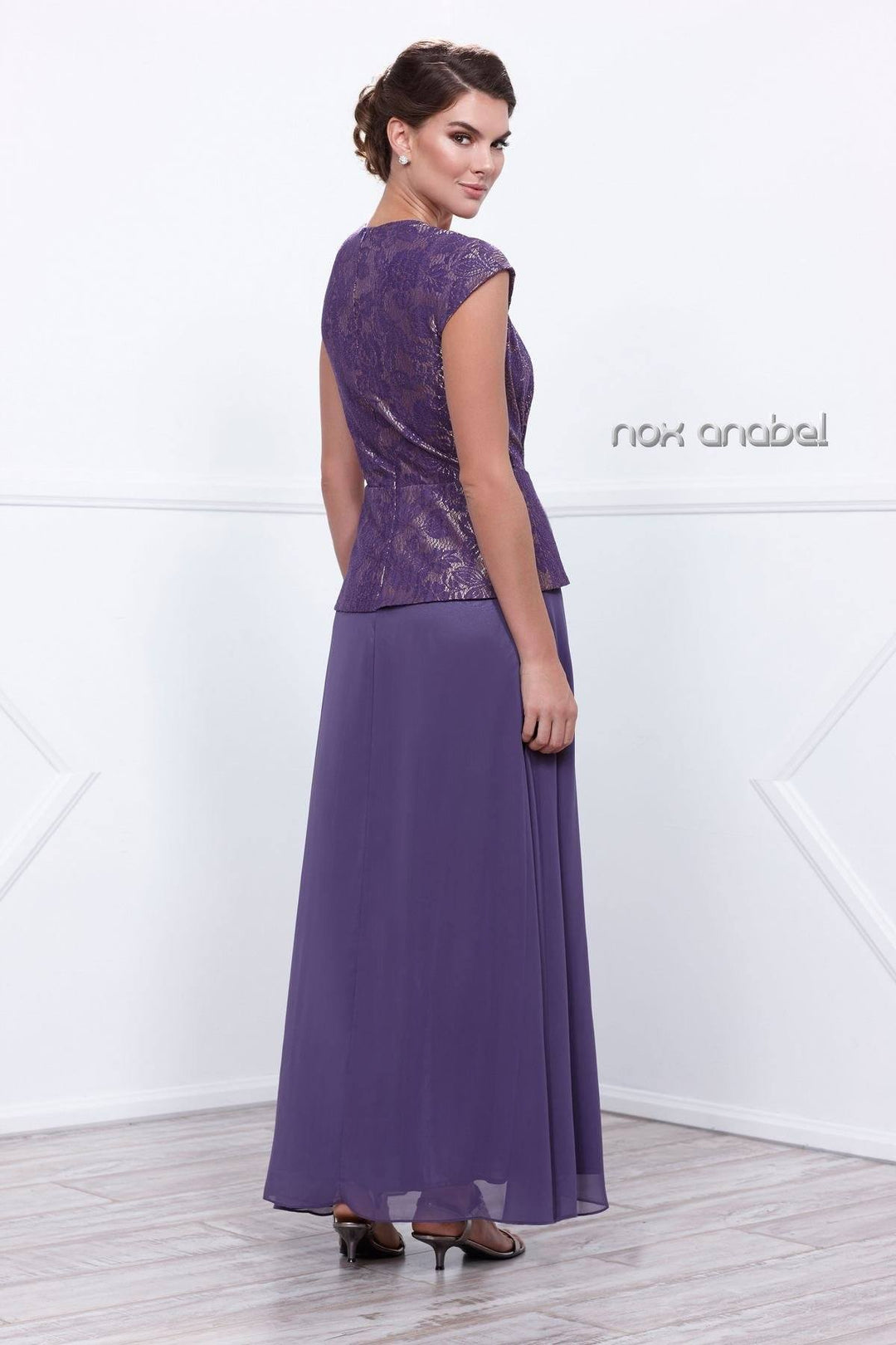 Long Cap Sleeve Dress with Lace Embroidery by Nox Anabel 5102-Long Formal Dresses-ABC Fashion