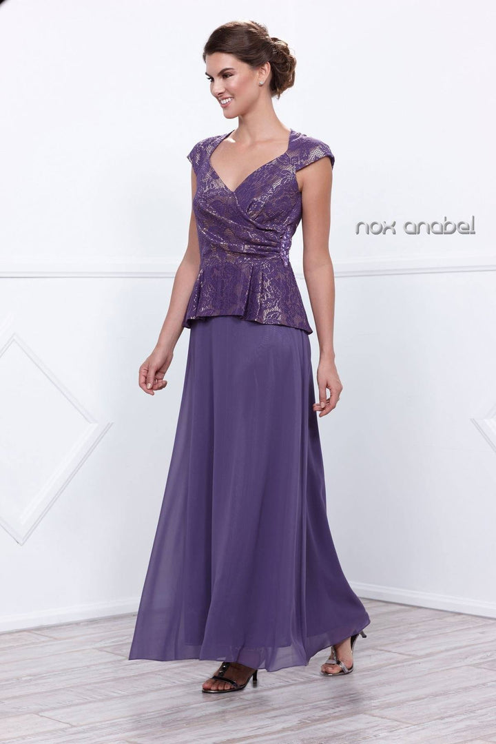 Long Cap Sleeve Dress with Lace Embroidery by Nox Anabel 5102-Long Formal Dresses-ABC Fashion