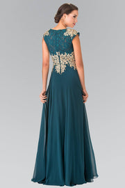 Long Cap Sleeve Dress with Lace Top by Elizabeth K GL2228-Long Formal Dresses-ABC Fashion