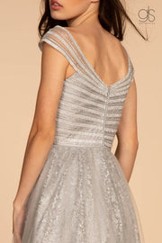 Long Cap-Sleeve Glitter Print Dress by Elizabeth K GL2526-Long Formal Dresses-ABC Fashion