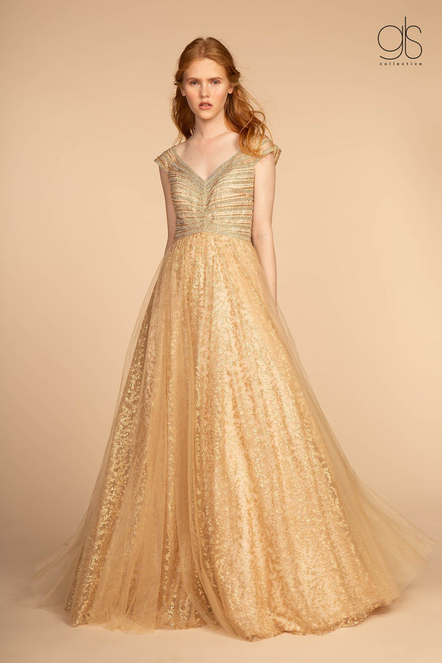 Long Cap-Sleeve Glitter Print Dress by Elizabeth K GL2526-Long Formal Dresses-ABC Fashion