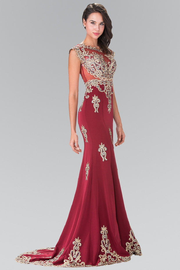 Long Cap Sleeve Illusion Dress with Applique by Elizabeth K GL2233-Long Formal Dresses-ABC Fashion
