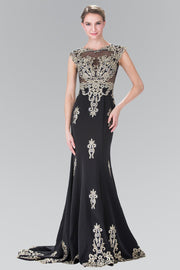 Long Cap Sleeve Illusion Dress with Applique by Elizabeth K GL2233-Long Formal Dresses-ABC Fashion