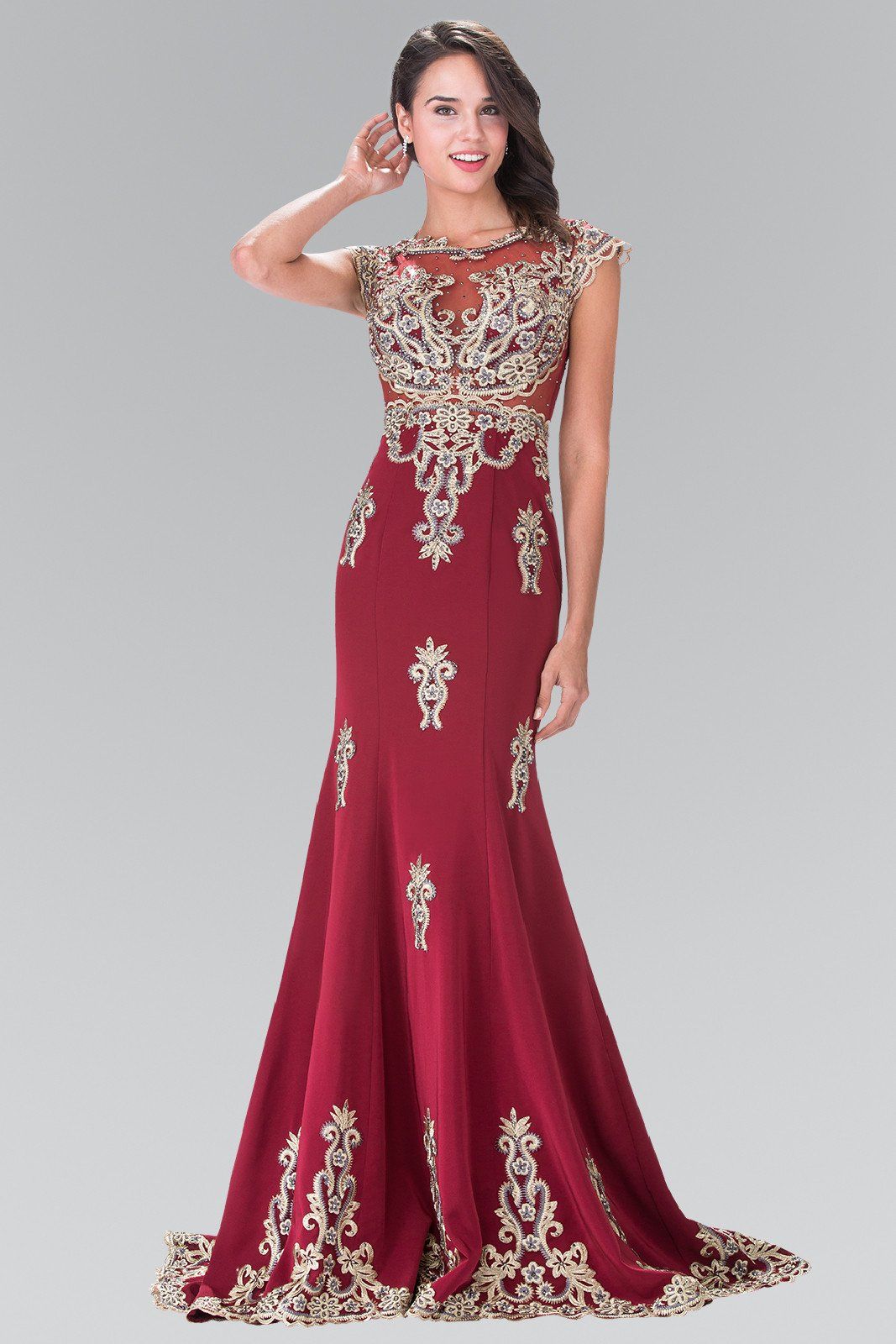 Long Cap Sleeve Illusion Dress with Applique by Elizabeth K GL2233-Long Formal Dresses-ABC Fashion