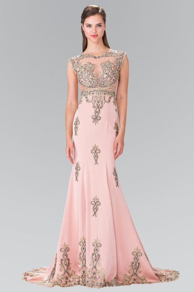 Long Cap Sleeve Illusion Dress with Applique by Elizabeth K GL2233-Long Formal Dresses-ABC Fashion