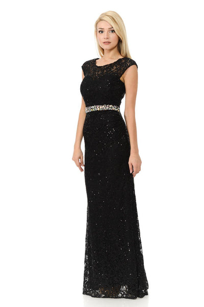 Long Cap Sleeve Lace Dress with Beaded Waist by Lenovia 5152-Long Formal Dresses-ABC Fashion